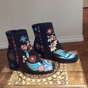 Johnny Was Embroidered Bird Motif Ankle Boots